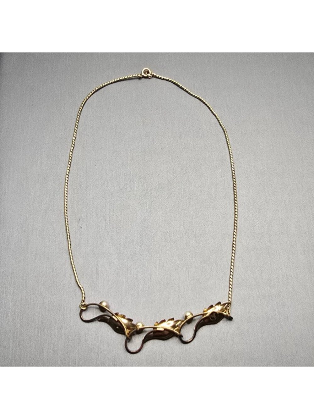 Vintage De Curtis DCE 14K Gold Filled Pearl Leaf Choker Necklace 14" Mid Century - Picture 8 of 16